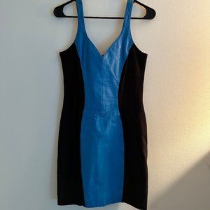 Chia Blue and Black Leather Body Con Dress